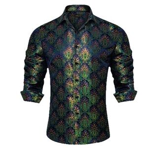 DiBanGu Blue Green Floral Silk Men's Shirt Size Medium